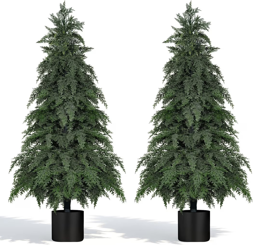2Pack Artificial Topiary Trees, 4FT Faux Cypress, Faux Evergreen Pine Shrubs Plants with Pot, Pot... | Amazon (US)