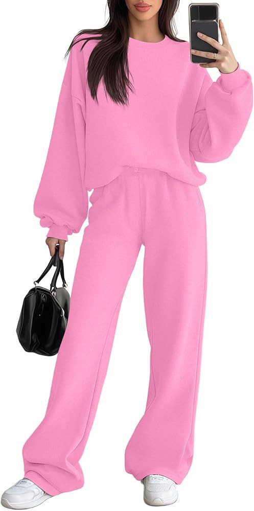 Women's 2 Piece Outfits Set Fleece Lined Lounge Sweatsuit Crewneck Pullover Top Wide Leg Pants Ca... | Amazon (US)