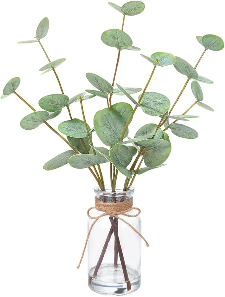 14" Artificial Eucalyptus Stems in Glass Vase with Faux Water, 3Pcs Fake Plant with Double-Sided ... | Amazon (US)