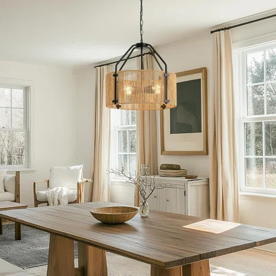 Boho Rattan Chandelier With Wicker Shade, 4-Light Farmhouse Pendant Fixture For Dining Room, Living Room, Bedroom, Kitchen Island, Entryway | Wayfair North America