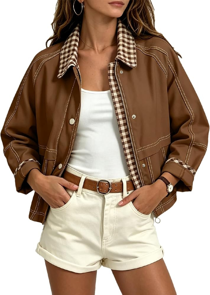 Aimiray Women's Barn Cropped Jacket Lightweight Vintage Plaid Bomber Coat | Amazon (US)
