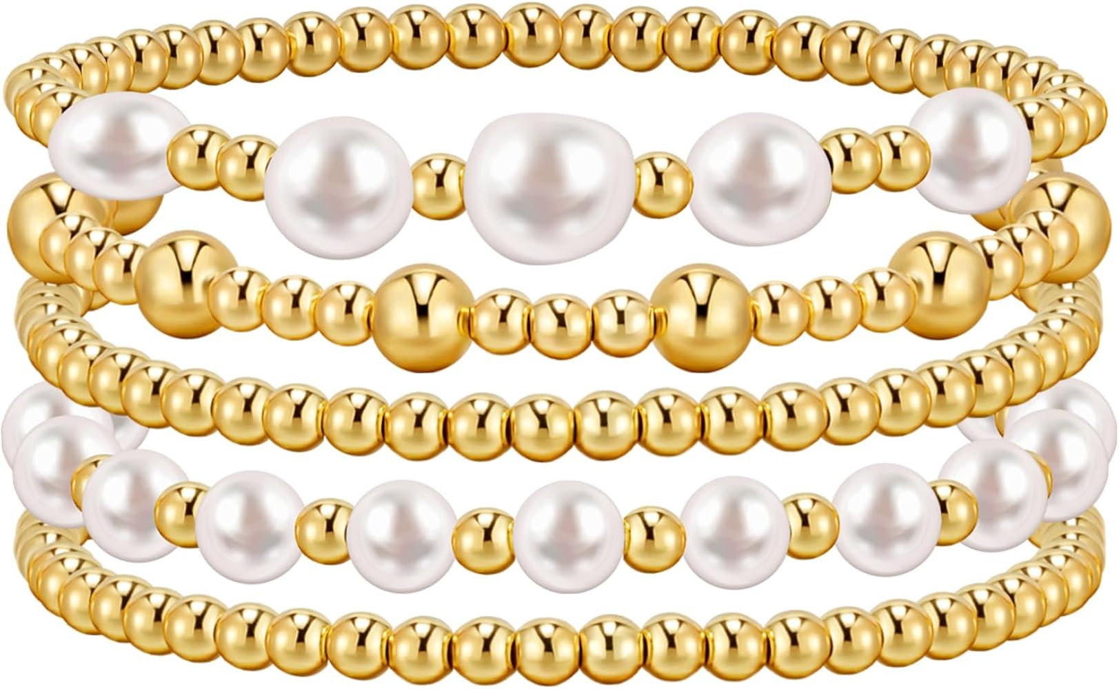 adoyi Gold Bracelets for Women Beaded Bracelet 14K Gold Plated Bracelet Stack Strand Stretch Bead Ball Bracelet Set Stackable Bracelet Adjustable Gold Jewelry for Women | Amazon (US)