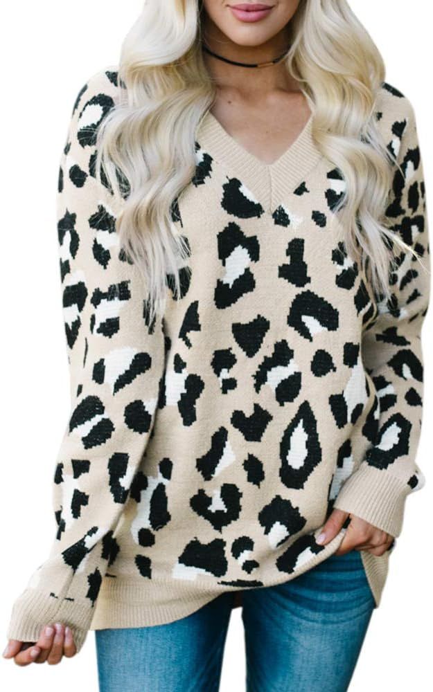 Karlywindow Womens Leopard Print Sweaters Long Sleeve V Neck Knitted Stylish Pullover | Amazon (US)