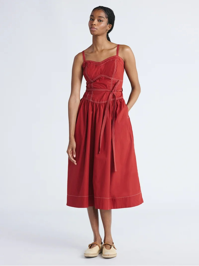 Free Assembly Women's and Women's Plus Sweetheart Belted Cotton Utility Midi Dress, Sizes XS-4X | Walmart (US)