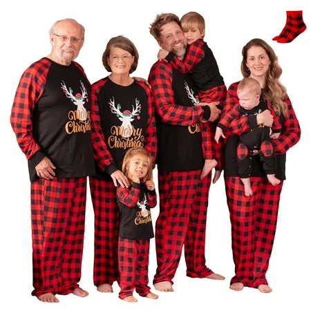 PatPat Merry Christmas Pajamas Baby Girl Clothes Family Matching Holiday Pjs Sets Elk Plaid Splice Long Sleeve Sleepwear with Socks, Red Plaid, 12-18 Months | Walmart (US)