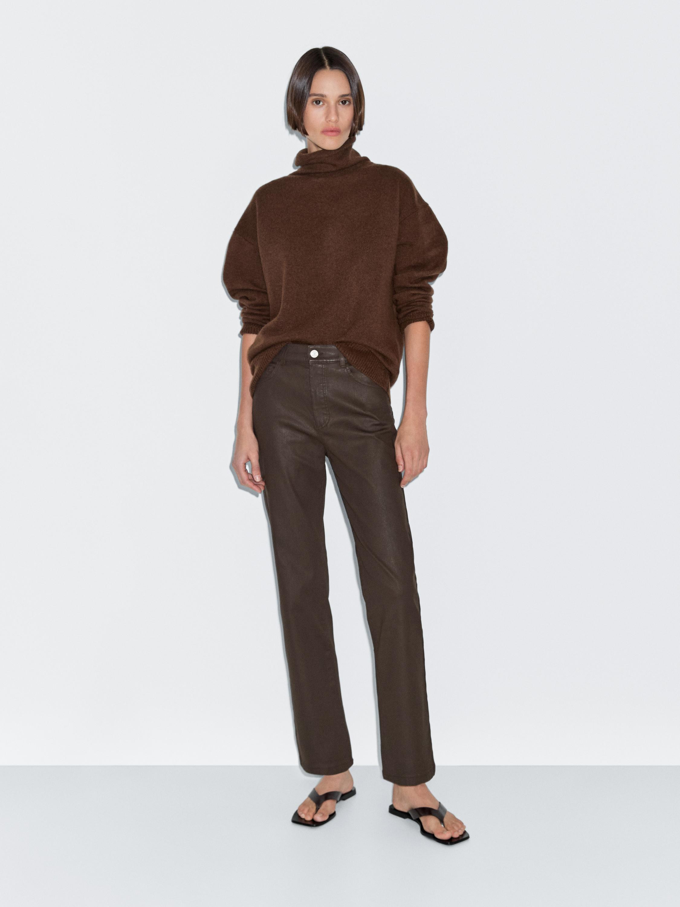 High-waist straight-leg waxed trousers | Massimo Dutti UK