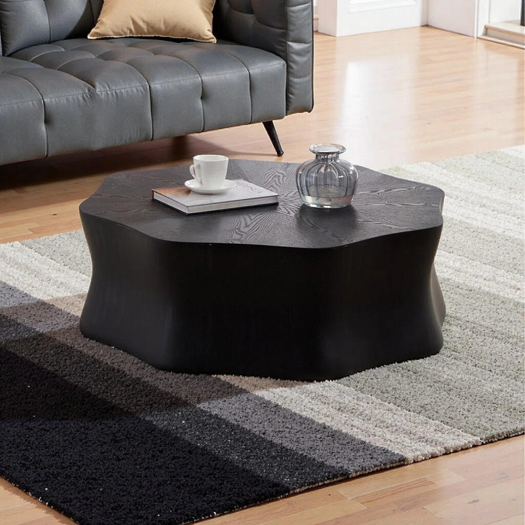 Black Petal-Shaped Coffee Table with Walnut-Veneer Surface & Sandblasted Border - Round Artistic ... | Wayfair North America