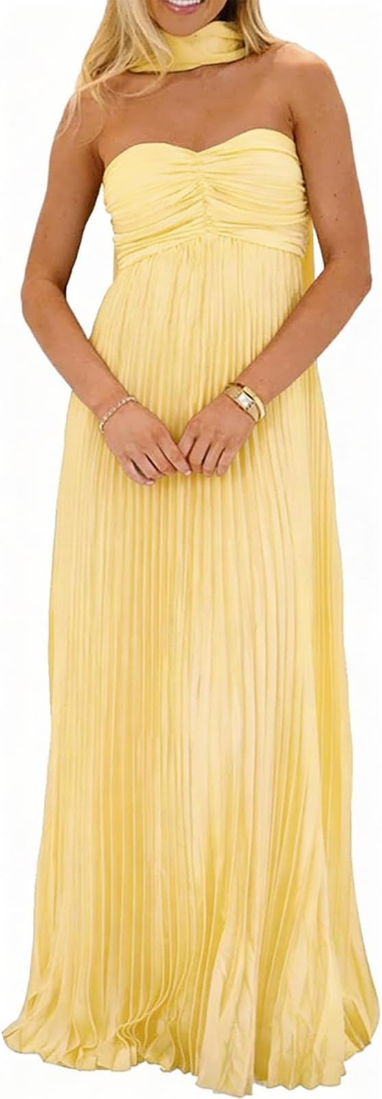 Women Bridesmaid Dresses with Scarf Strapless Pleated Flowy Solid Long Formal Wedding Guest Dress... | Amazon (US)