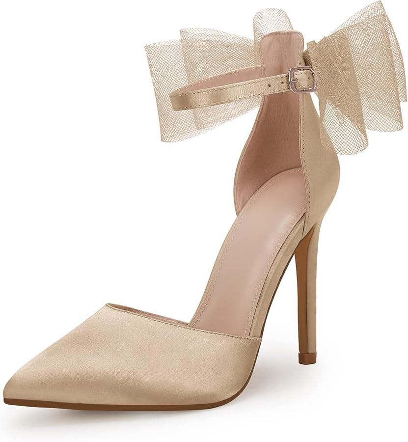 Coutgo Women's Closed Pointed Toe High Heels with Bow Knot Ankle Strap Satin Stiletto Pumps | Amazon (US)