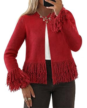 Yousify Fringe Tops for Women Crew Neck Button Down Crochet Cardigan | Amazon (US)