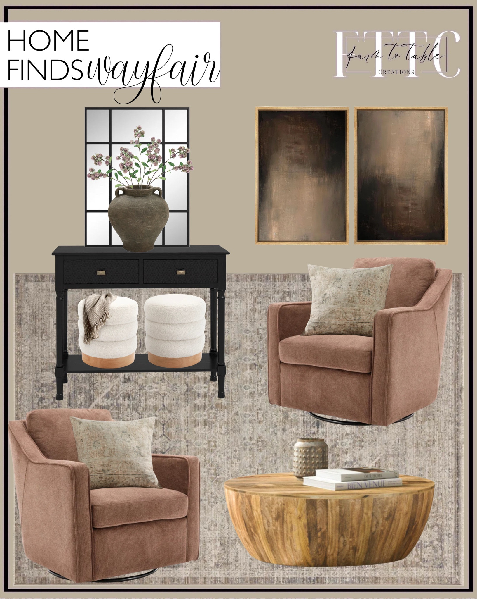 Wayfair Home Finds. Follow @farmtotablecreations on Instagram for more inspiration.

Chris Loves Julia x Loloi Ida Slate / Natural Area Rug. Charitini Big Removable Wide Full Back Fabric Upholstered Swivel Armchair. Peters 35.5'' Console Table. Matherly Flat Mirror. Minimal Landscape Abstract Textured Dark Shades framed art. Rustic Brown Terracotta Cauldron 14.6-Inch Tall Vase. Berry Arrangement (Set of 4). Amber Lewis x Loloi Celestia Pillow. Carra 18'' Wide Round Upholstered Pouf Ottoman. Vivenne Mango Wood Drum Coffee Table. Decorative Books for Home Decor - Coffee Table Book Decor. Nikita Handmade Ceramic Pot Planter. 

Entryway Finds | Bedroom Finds | Living Room | Bedroom Furniture | nightstands | Home Decor| Fireplace Decor | Spring Refresh |  Bedroom Finds | Neutral Stems | Spring Stems | Bookshelf Decor | Bedroom Space | Cozy Corner | Bathroom | Curated Entryway | Spring  Decor | End of Year Clearance | Trending Decor | Viral Decor | Amazon Holiday | Bedroom corner | Coffee Table Decor | Neutral Decor | Fall Stem Sale | Target Finds | Skinny Bench | Bedroom | Living Room | Breakfast Nook | Amazon Home | Target Sale | Loloi Rugs | Magnolia Home | console table | console table styling | faux stems | entryway space | front porch decor | neutral decor | entryway decor | cozy home | affordable decor |  home decor | home inspiration | console styling | entryway rug | cozy moody home | moody home decor | neutral home | bathroom decor | living room | spring decor | Hearth & Hand | Studio McGee | 2025 Home Trends | trending home 




#LTKSaleAlert #LTKHome #LTKFindsUnder50
