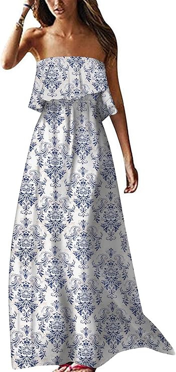 ZMPSIISA Women's Summer Off The Shoulder Maxi Dress Ruffle Strapless Blue White Porcelain Boho Ca... | Amazon (US)