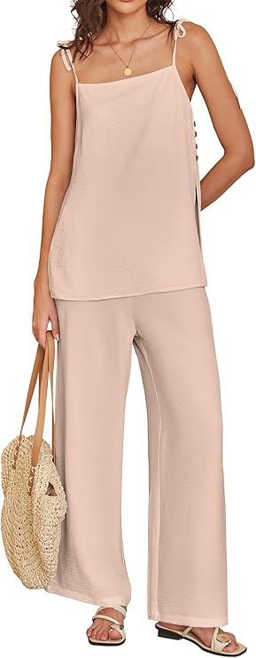 ANRABESS 2 Piece Sets for Women Summer Casual Lounge Spaghetti Strap Top Wide Leg Pants Set Vacat... | Amazon (US)