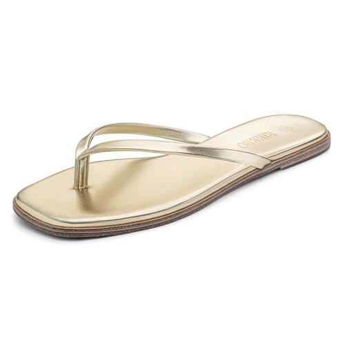 Rihero Womens Flip Flops Gold Square Toe Slip On Summer Sandals Lightweight Beach Thong Sandals for Walking Size 9.5 | Amazon (US)
