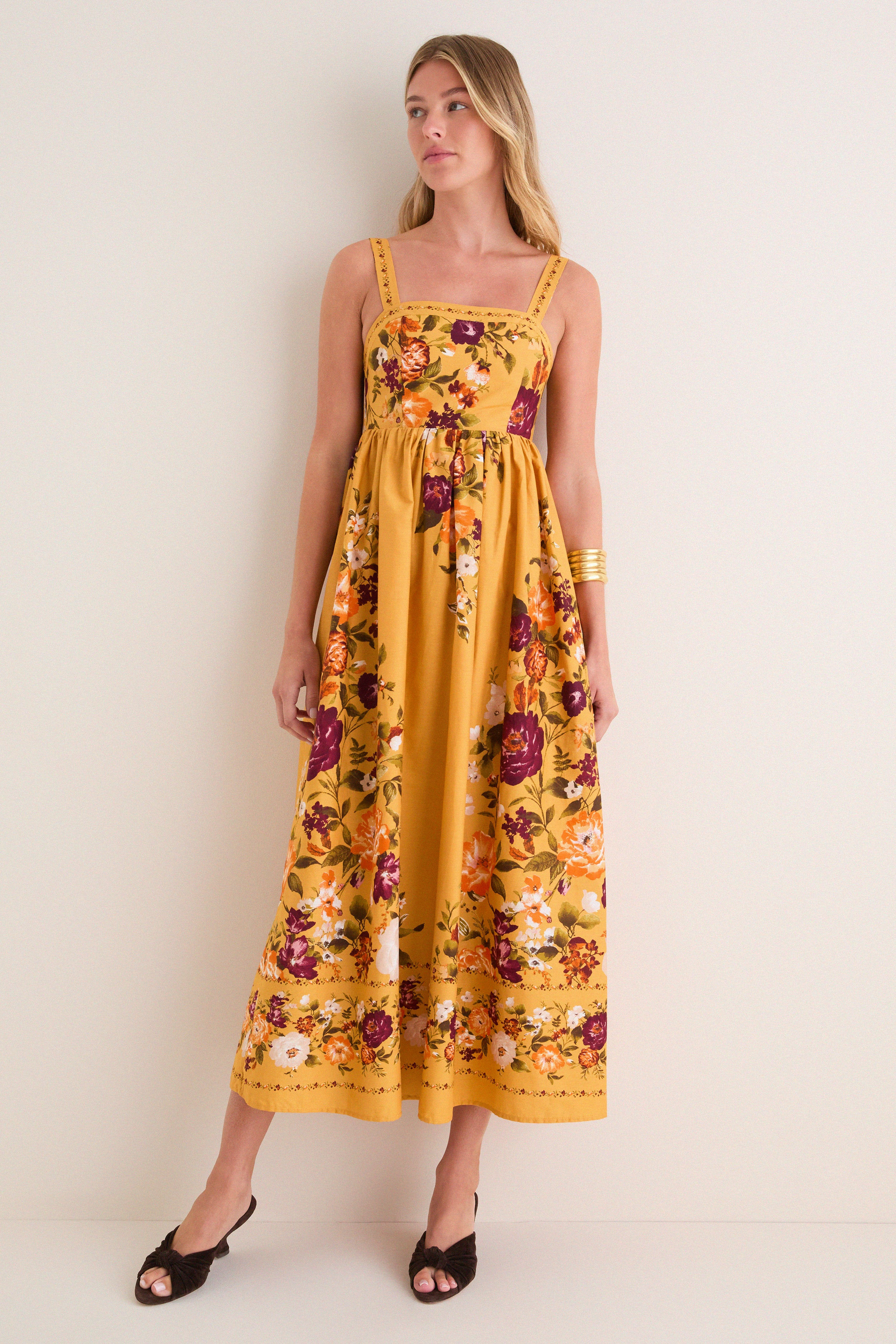Mustard Multi Square Neck Sleeveless Midi Dress | Tuckernuck (US)
