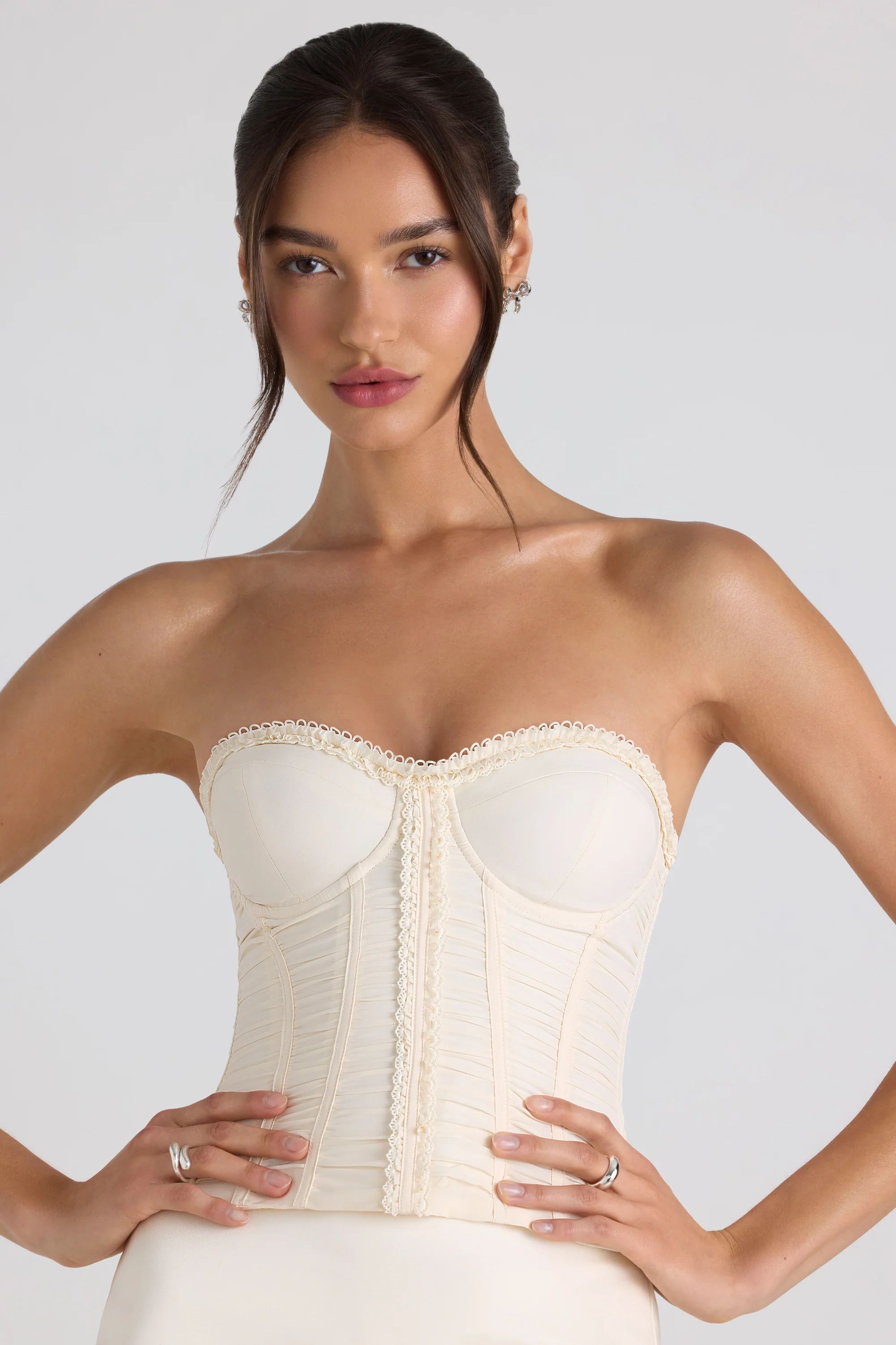 Ruched Lace-Up Strapless Corset Top in Ivory | Oh Polly
