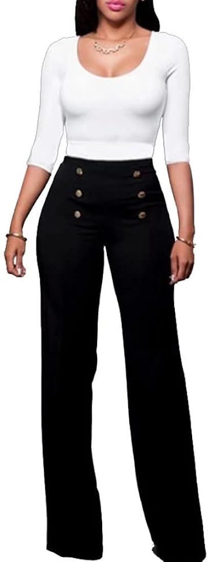 Women's Stretchy High Waisted Wide Leg Button-Down Pants Sailor Bell Flare Pants Black at Amazon ... | Amazon (US)