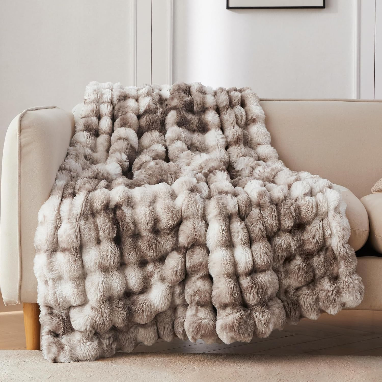 COOVA Faux Fur Throw Blanket for Couch, Cozy Soft and Fuzzy Plush Rabbit Fur Bubble Blanket for Sofa Bedroom Living Room, 50x60 Inches Tie Dye Brown | Amazon (US)