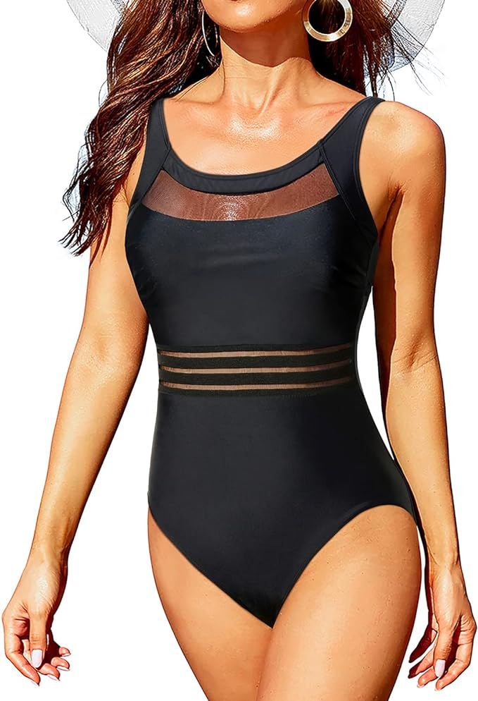 Tempt Me Women One Piece Mesh Swimsuits Vintage Tummy Control Swimwear | Amazon (US)
