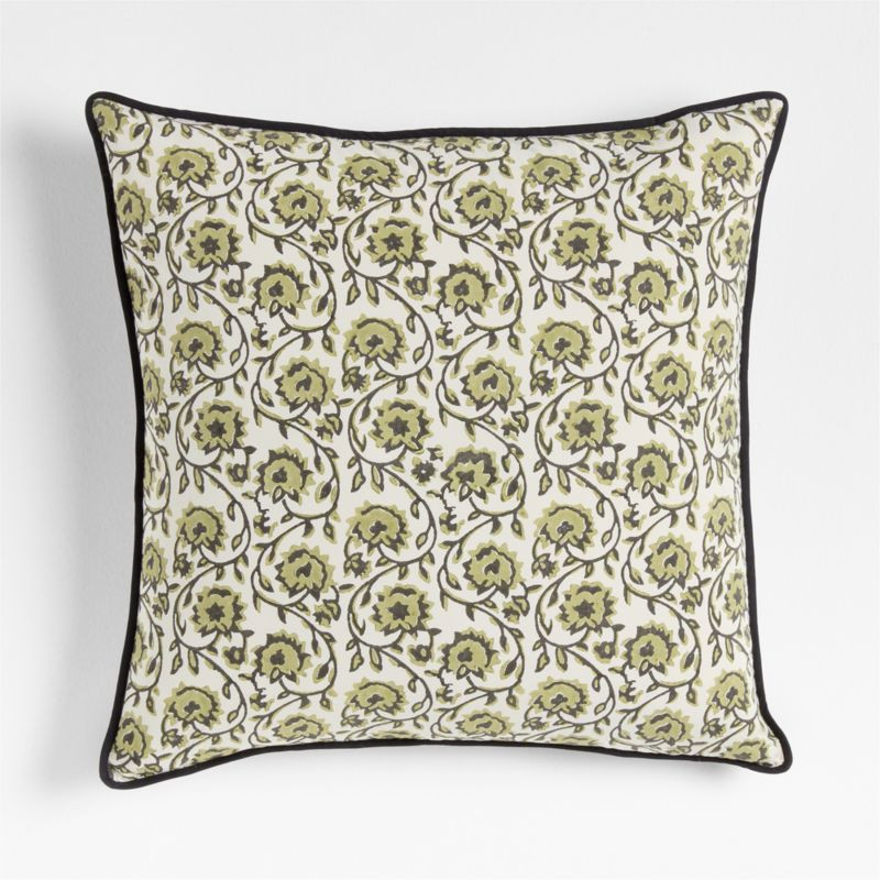 Washed Cotton 23"x23" Olive Green Floral Reversible Block Print Throw Pillow Cover | Crate & Barr... | Crate & Barrel
