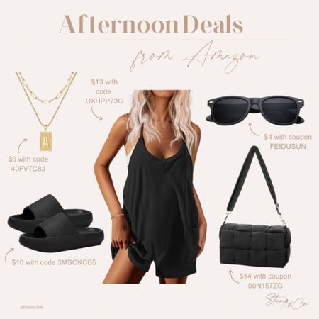 This whole outfit is on lightning deal, including this tall friendly romper, slides, gold initial necklace, puffer bag, and black sunglasses. Coupons codes are all on the image. 

Amazon deal if the day, tall friendly fashion, summer outfit, vacation outfit 

#LTKstyletip #LTKsalealert #LTKfindsunder50