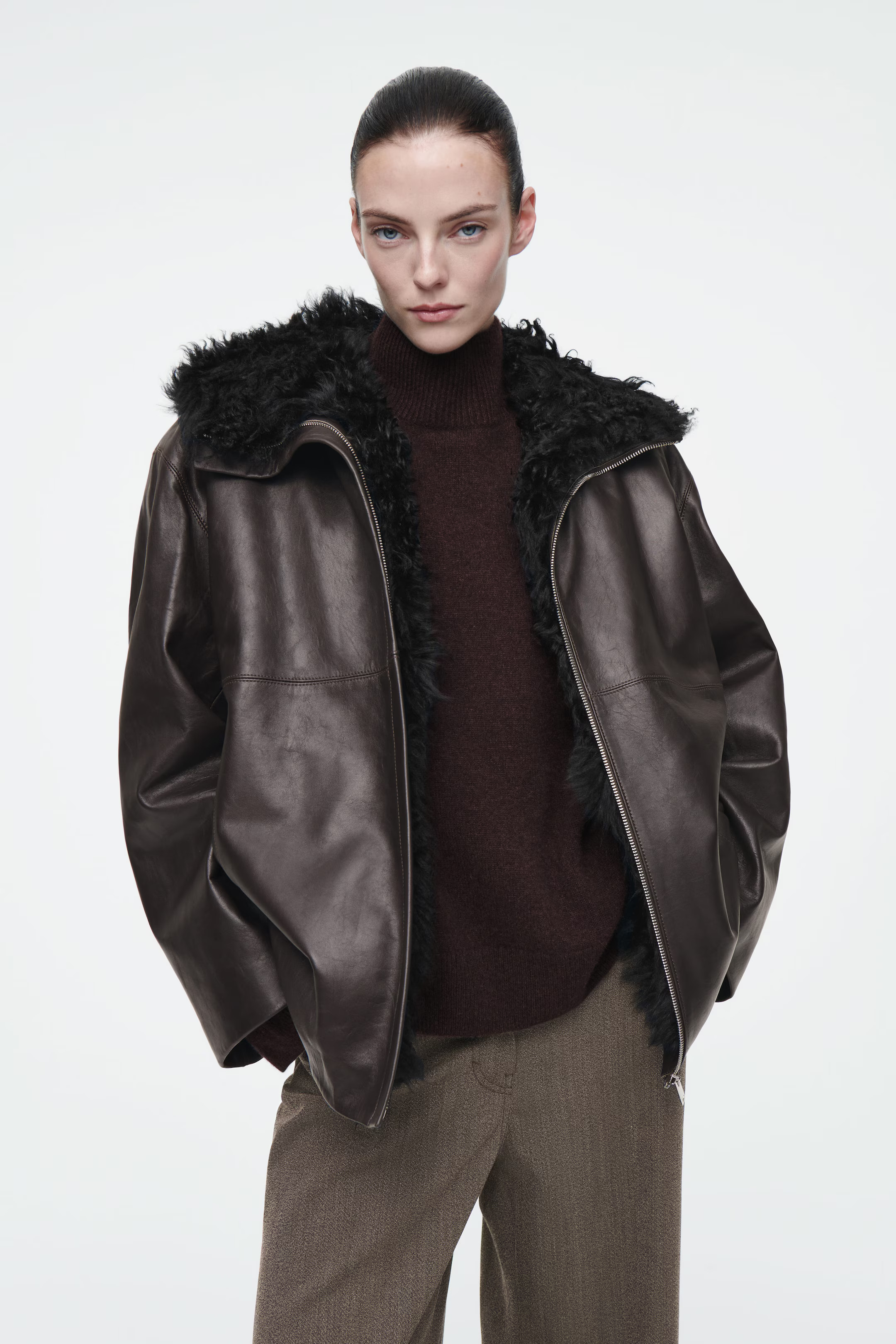 SHEARLING-LINED NAPPA HOODED JACKET - DARK BROWN | COS | COS (EU)