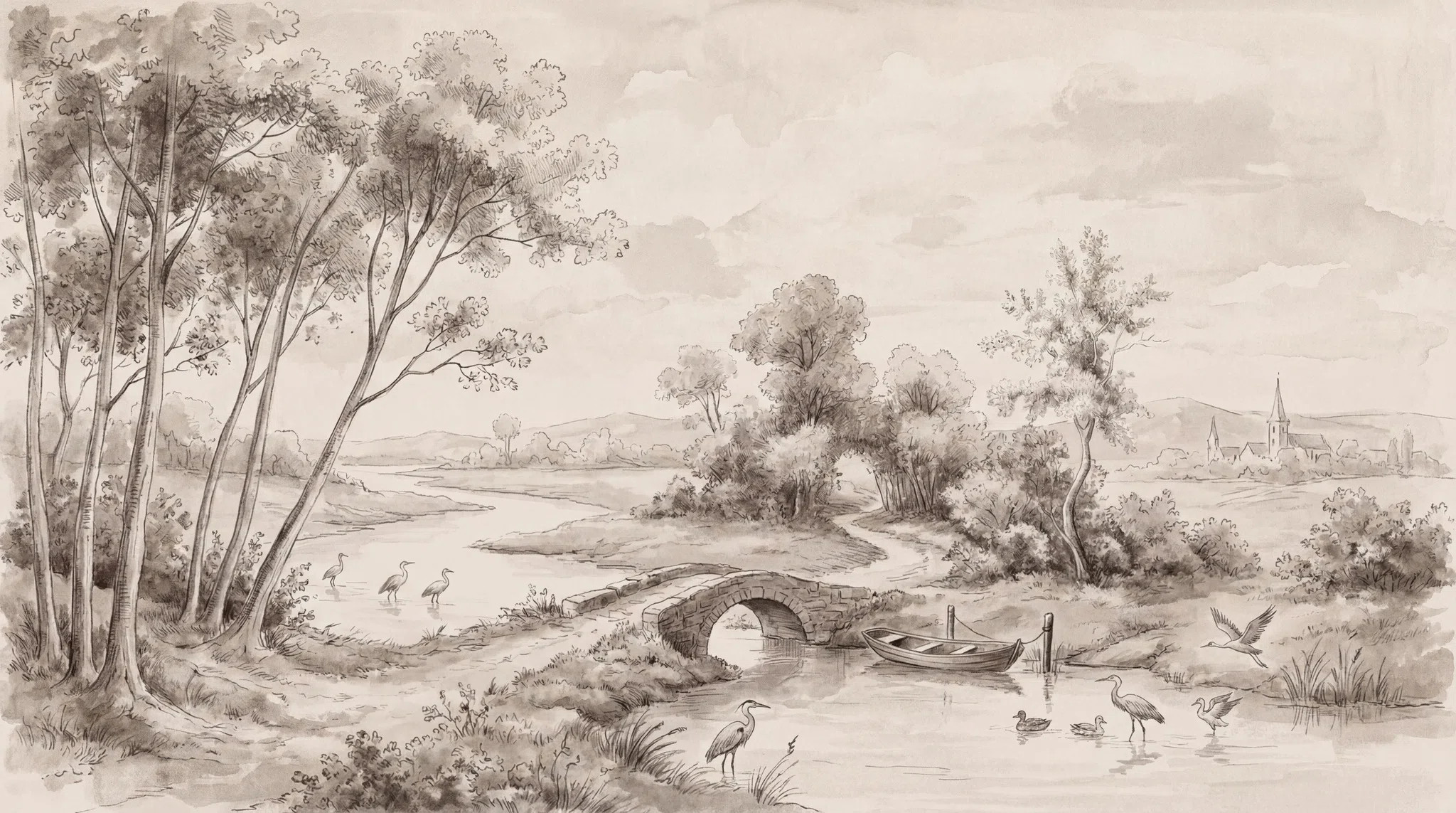 Sepia Landscape Wallpaper Toile Illustration River Scene Wall Mural | Wayfair North America