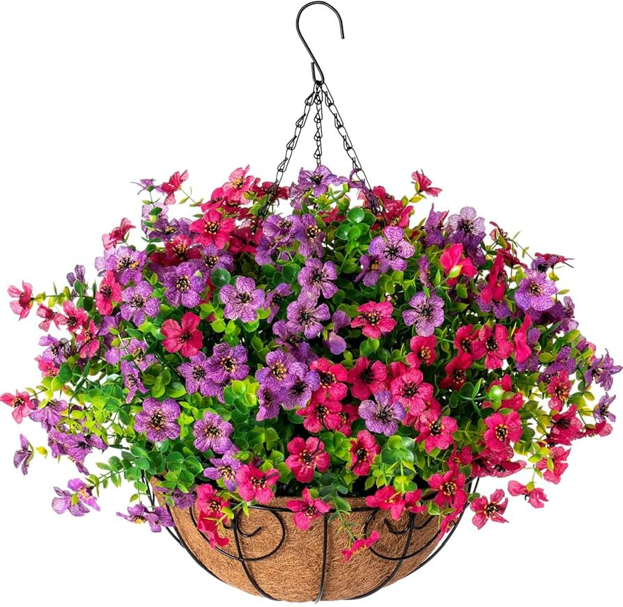 Artificial Faux Hanging Plants Flowers Basket for Spring Summer Outdoor Outside Decoration, Fake ... | Amazon (US)
