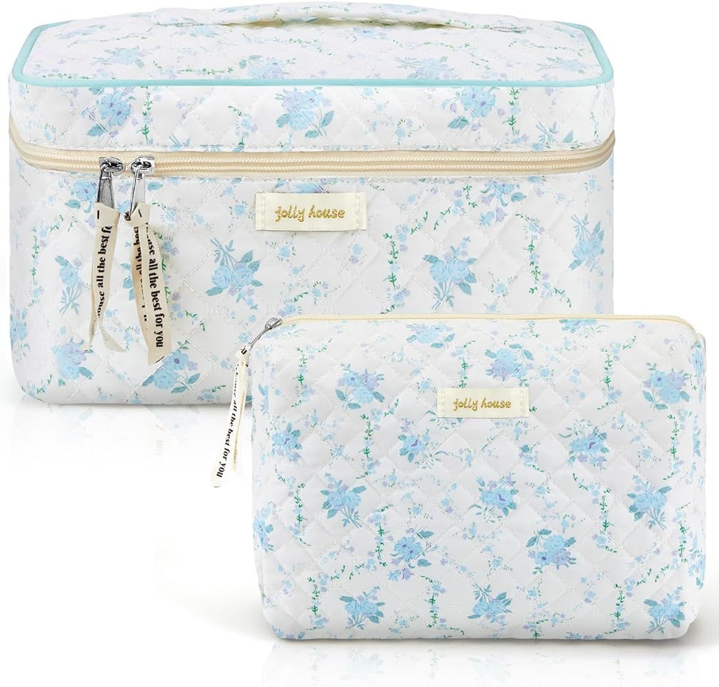 Zeyune 2 Pcs Cotton Quilted Makeup Bag, Large Travel Coquette Cosmetic Bag, Aesthetic Cute Floral... | Amazon (US)