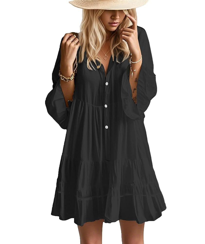 Summer Dresses for Women 2025 Flowy Ruffle 3/4 Sleeve V Neck Tiered Casual Babydoll Boho Beach Mi... | Amazon (US)