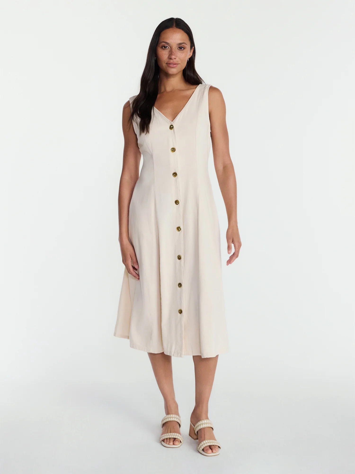 Time and Tru Women's Sleeveless Button Down Linen Blend Dress, Sizes XS-XXXL | Walmart (US)