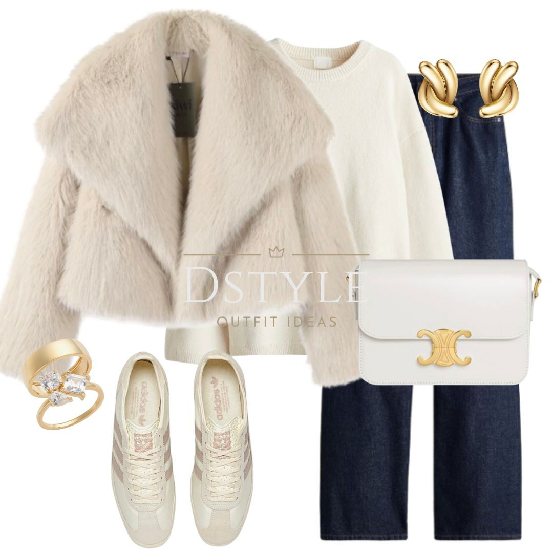  Cream faux fur coat, cream oversized sweater, dark denim blue wide high jeans, CELINE white Teen Triomphe bag in shiny calfskin, Adidas SL72 off white/taupe

 

#LTKItBag #LTKStyleTip #LTKShoeCrush