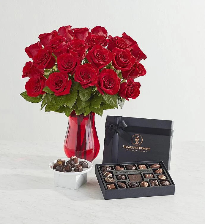 Scharffen Berger® Chocolatier's Collection with Two Dozen Red Roses | Harry & David