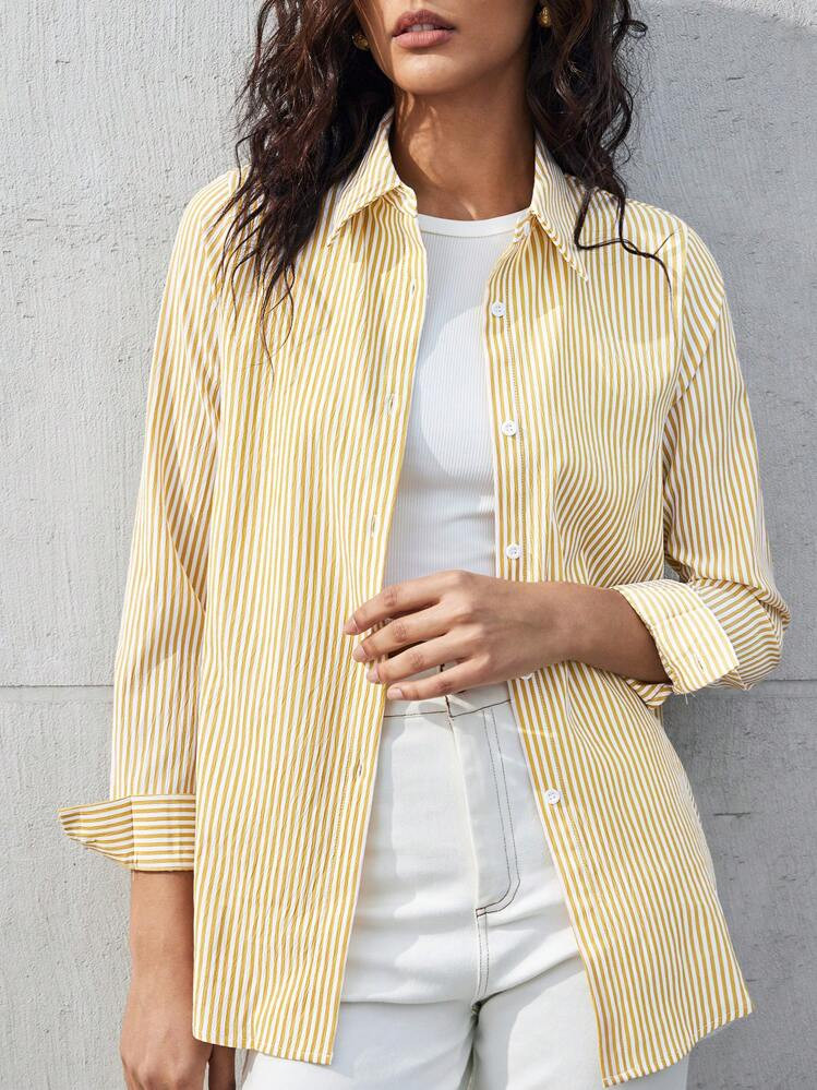 BizChic Camiseta De Manga Larga Con Hombros Caídos A Rayas Para Mujer, Estilo Urbano Básico, Moda Elegante Y Sencilla, Adecuada Para Negocios Casuales, Uso En Oficina, Ajuste De Maestro | SHEIN