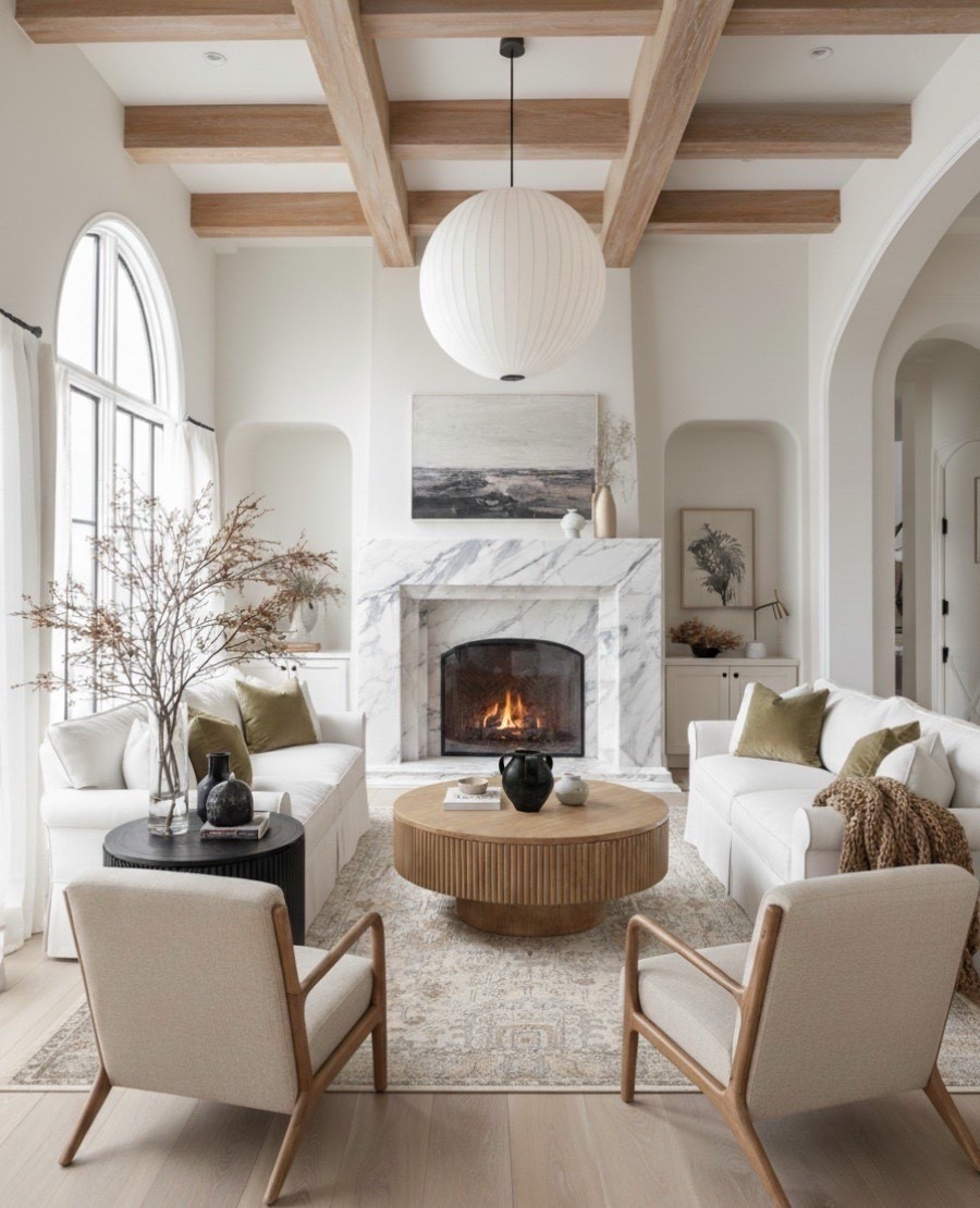 Shop the look
-White slip covered skirted sofa
-wood upholstered accent chair
-beige neutral traditional rug,
-Round wood ribbed coffee table 
-black terracotta vase
-green throw pillow
-brown knitted throw blanket 
-decor books 
-black ribbed round end table
- glass vase 

#LTKHome #LTKSaleAlert