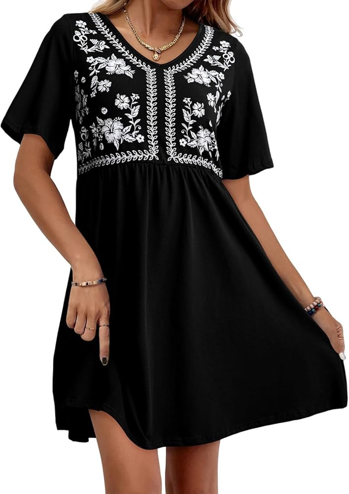 Dokotoo Womens Dresses Summer Casual V Neck Boho Floral Print Short Sleeve Babydoll Mini Dress A ... | Amazon (US)