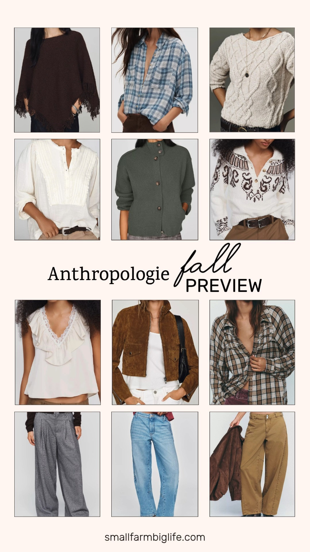 My Anthropologie fall preview is here and this cozy, elevated color palette is exactly what I want to wear all season.

The brown By Anthropologie Knit Fringe Triangle Poncho is such a statement piece, and I love layering it over the ivory Pilcro Kirby Cable Knit Sweater for extra warmth. The ivory and brown By Anthropologie Fair Isle Henley Sweater has such a cozy, classic pattern for autumn outfits, and the moss NVLT Ribbed Knit Funnel Neck Bomber Jacket adds a nice pop of color to the mix.

For blouses, the ivory blue plaid Pilcro Hadley Relaxed Buttondown and the black brown and ivory plaid Pilcro Ruched Yoke Buttondown are both easy pieces to dress up for business casual workwear, while the ivory Pilcro Cotton Ruffle Blouse and the cream WAYF Ruffled V-Neck Top bring a softer, more feminine feel.

On the bottoms side, the light denim Pilcro Kaye Tapered Leg Jeans are an easy everyday staple, and the heather grey Maeve Avery Wide Leg Trousers and camel Pilcro Aero Wide Leg Chino Pants are both great options for the office.

Rounding things out, the caramel brown BLANKNYC Suede Cropped Jacket is such a polished layering piece for date night outfits or a fall evening out.

All of it is linked and perfect for building out your fall wardrobe this season.

#anthropologie #fallfashion #falloutfits #autumnoutfits #businesscasual 

 #LTKootd #LTKSeasonal #LTKOver40