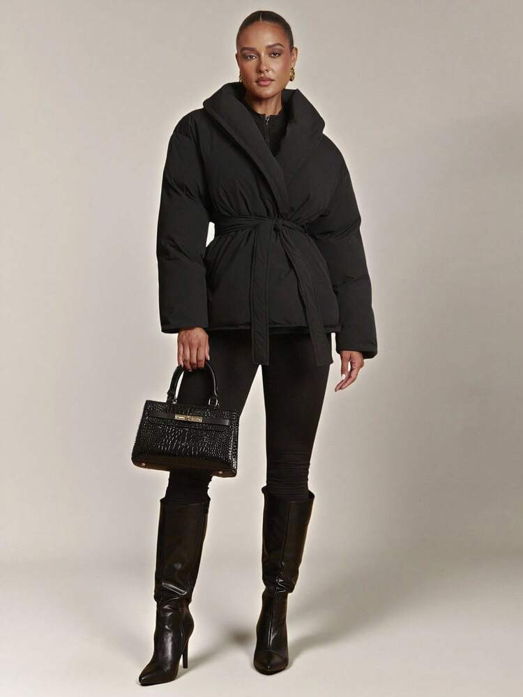 Silquee Women's Solid Color Criss-Cross Wrap Warm Padded Coat, Winter Fashion Winter Coats For Women Women Outerwear,Fall | SHEIN