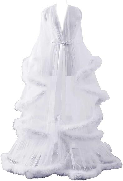 Sexy Illusion Long Lingerie Robe Nightgown Bathrobe Sleepwear Feather Bridal Robe Wedding Scarf | Amazon (US)