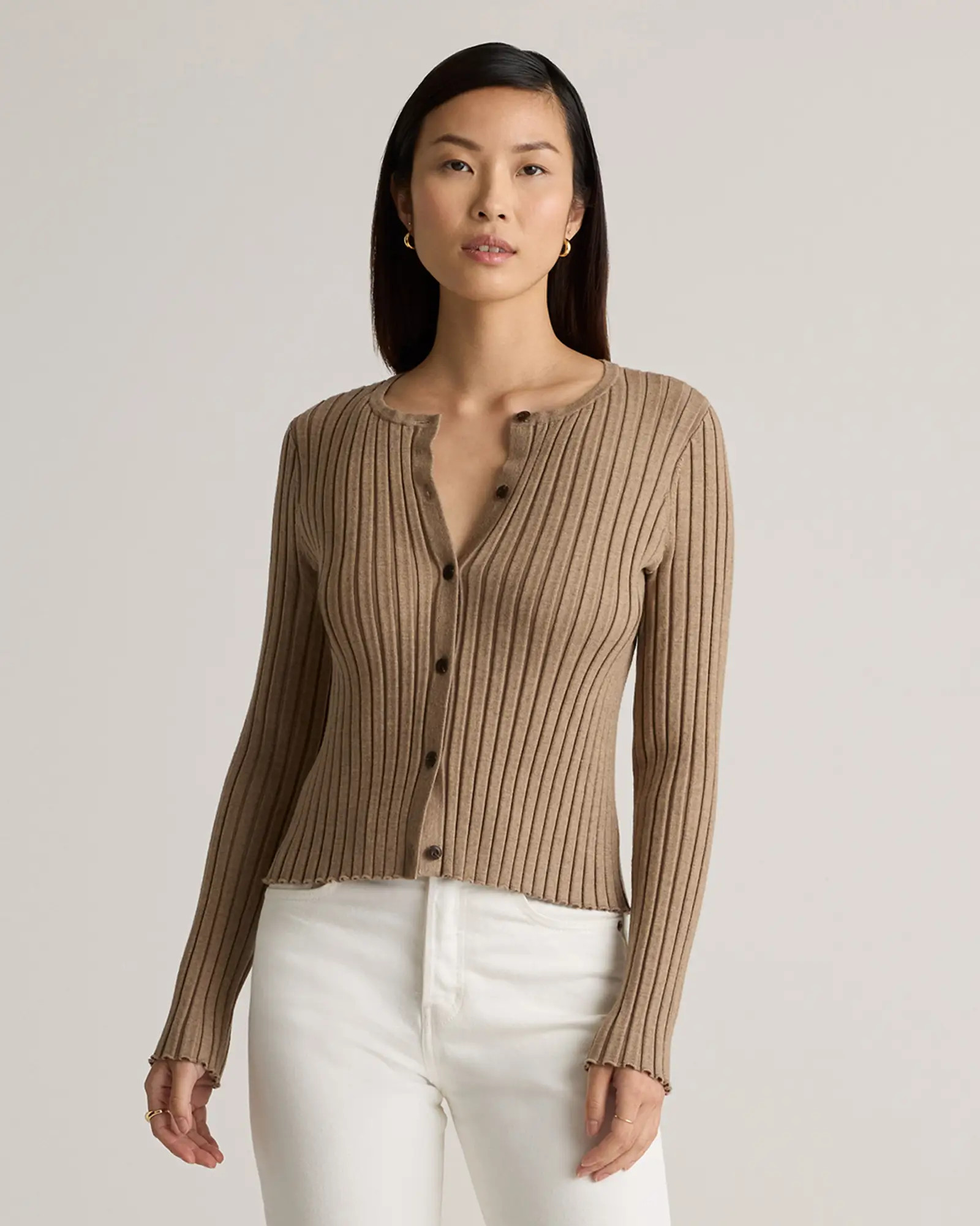 Eco-Knit Cropped Rib Cardigan in Warm Taupe | Quince