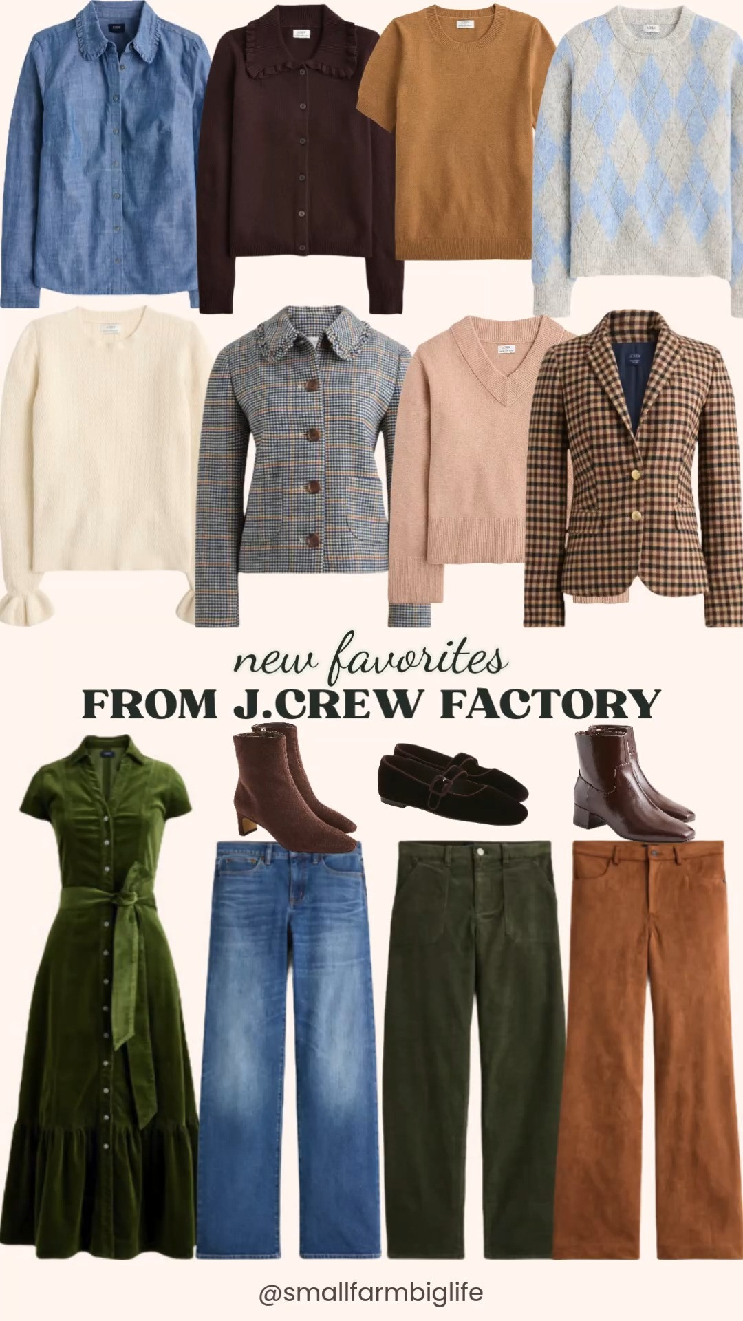 New Favorites From J.Crew Factory 🍂 These new fall arrivals are full of preppy details like ruffle collars, argyle, corduroy, and plaid in warm, rich tones. Cozy sweaters lead the way, with a light blue and grey argyle crewneck sweater, a chocolate berry ruffle collar cardigan, a light vanilla ruffle sleeve sweater, a heather sandy haze V neck sweater, and a heather camel short sleeve sweater for easy layering. The brown, black, and multi gingham herringbone schoolboy blazer and the navy plaid ruffle collar cropped jacket are perfect layers for business casual workwear. For bottoms, choose from spanish moss corduroy barrel leg utility pants, walnut sueded Ella pants, or classic blue low slung wide leg jeans, and pair them with a chambray ruffle collar button up. The pine corduroy shirt dress is an easy fall dress for weekends or date night outfits. Finish the look with inky mocha sueded snip toe booties, rustic brown square toe leather ankle booties, or velvety Mary Jane flats. So many fall outfits for women over 50 and beyond!

#jcrewfactory #jcrewstyle #preppystyle #falloutfits #fallfashion 

 #LTKootd #LTKOver40 #LTKWorkwear