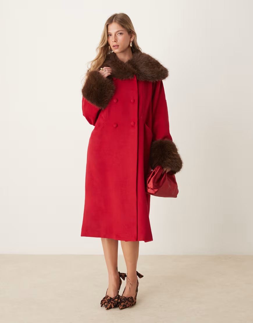 Dream Sister Jane double breasted faux fur coat in bordeaux red | ASOS (Global)