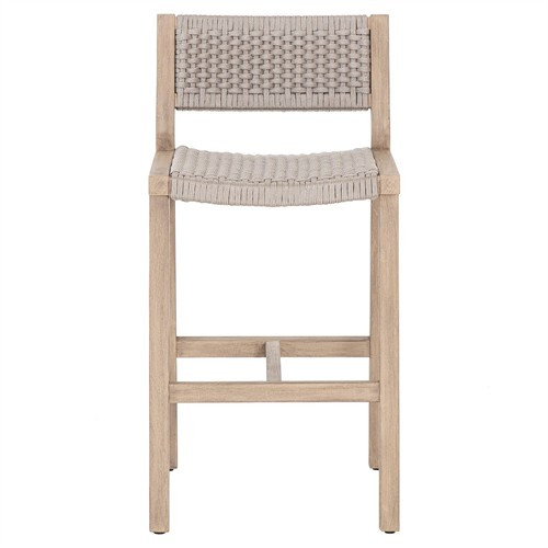 Dion Coastal Beach Grey Woven Rope Washed Brown Teak Wood Outdoor Counter Stool | Kathy Kuo Home
