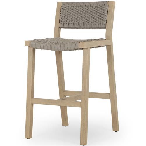 Dion Coastal Beach Light Grey Woven Rope Washed Natural Teak Outdoor Counter Stool | Kathy Kuo Home