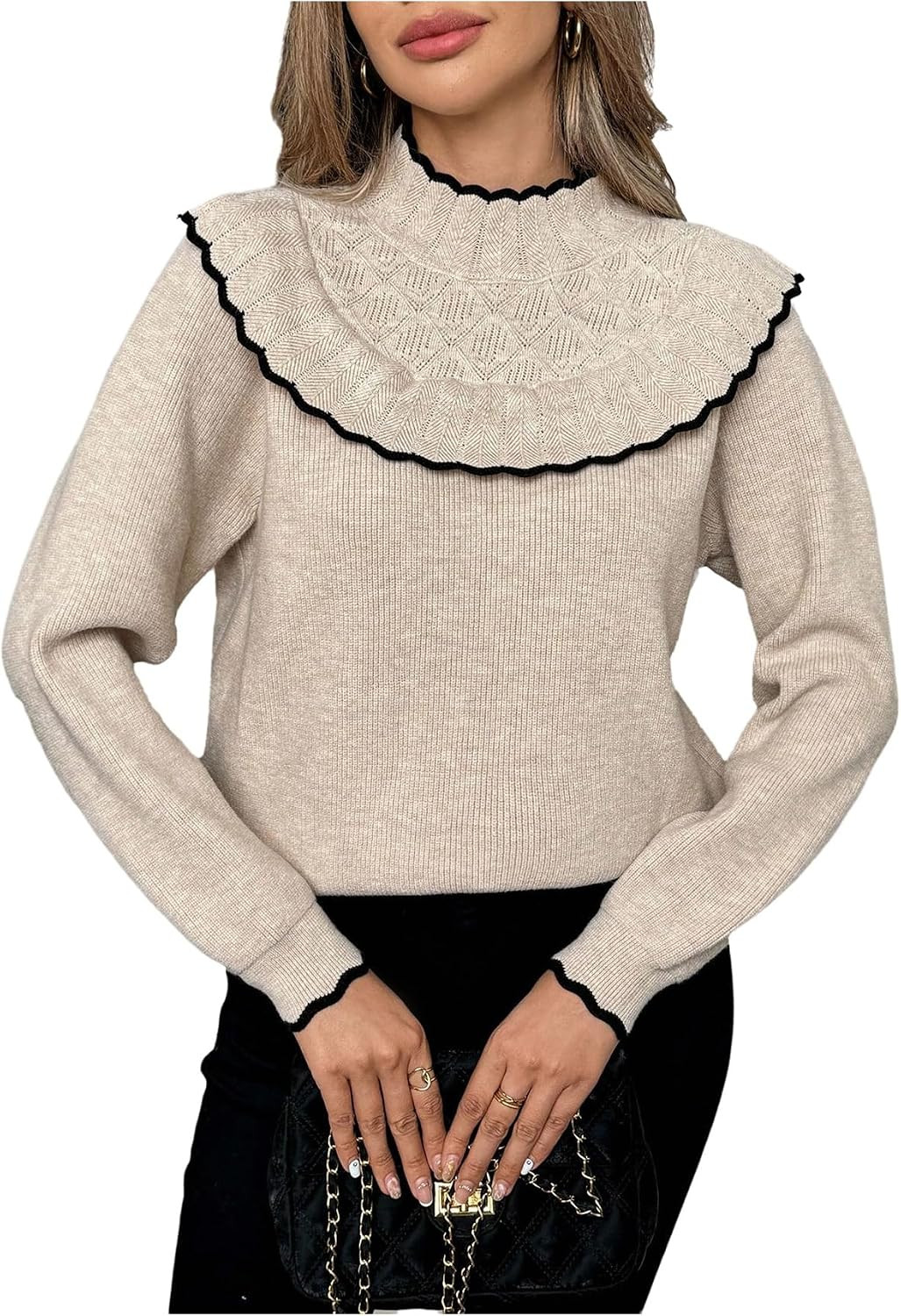 SHENHE Women's Ruffle Mock Neck Sweater Long Sleeve Fall Soft Knit Scalloped Sweater Pullover | Amazon (US)