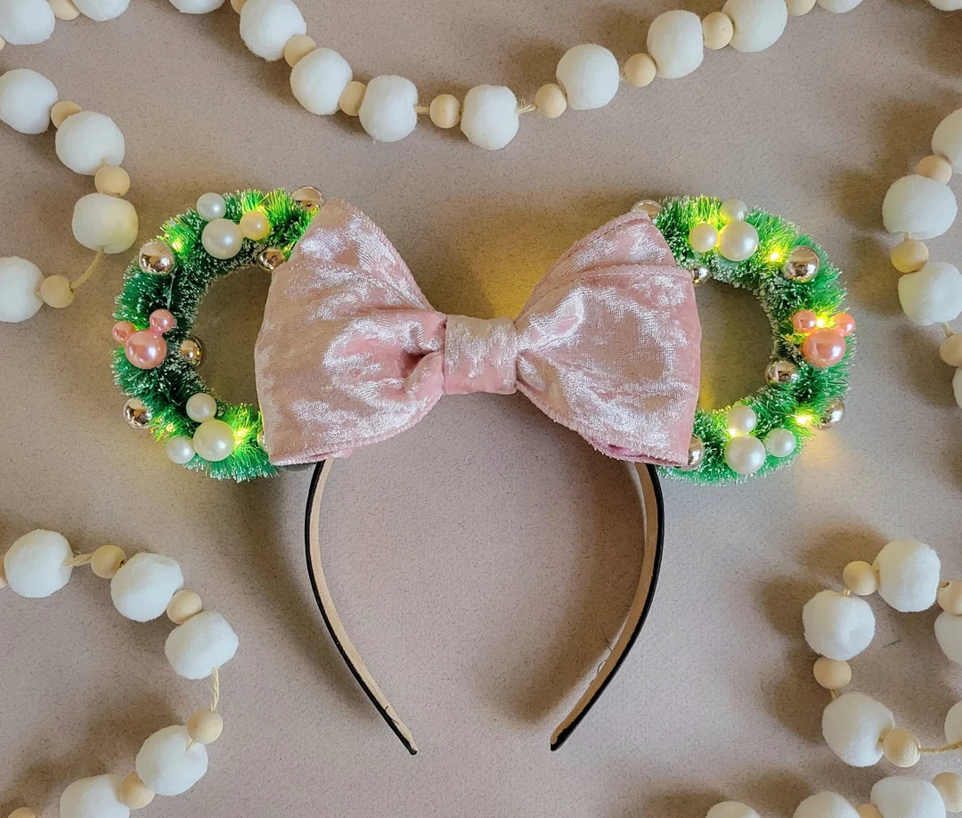 Christmas Minnie Ears Wreath Mickey Ears Pink Bow Ears Pink - Etsy | Etsy (US)