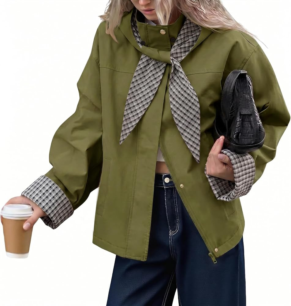 Tankaneo Womens Cropped Trench Coats Fall Jacket with Plaid Detachable Hood | Amazon (US)