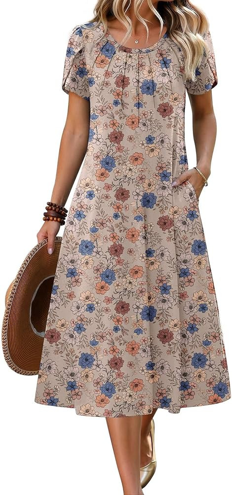 Zeagoo Womens Casual Summer Dress 2026 Petal Short Sleeve Dresses with Pleats Midi A Line Flowy D... | Amazon (US)