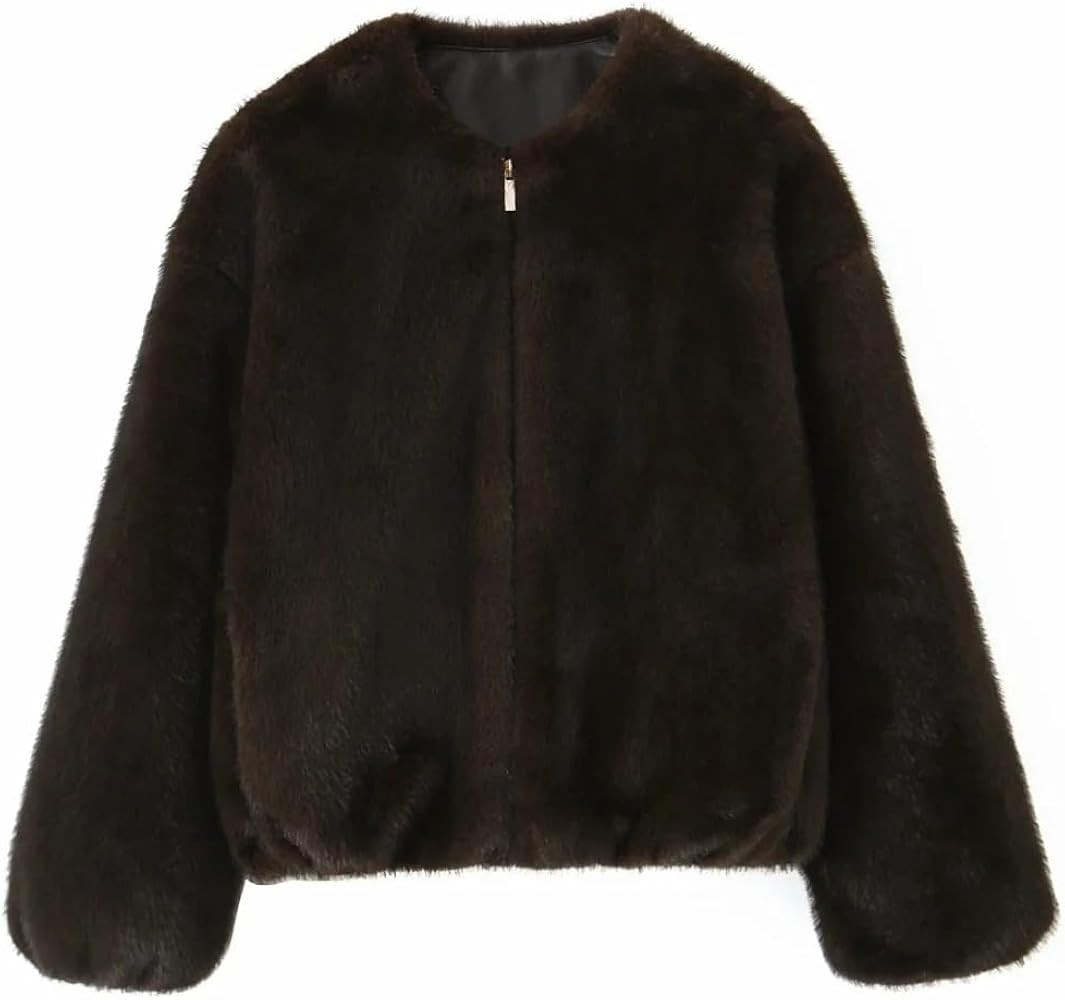 Women's winter short faux fur jacket with zipper closure, fluffy and warm, suitable for commuting | Amazon (US)