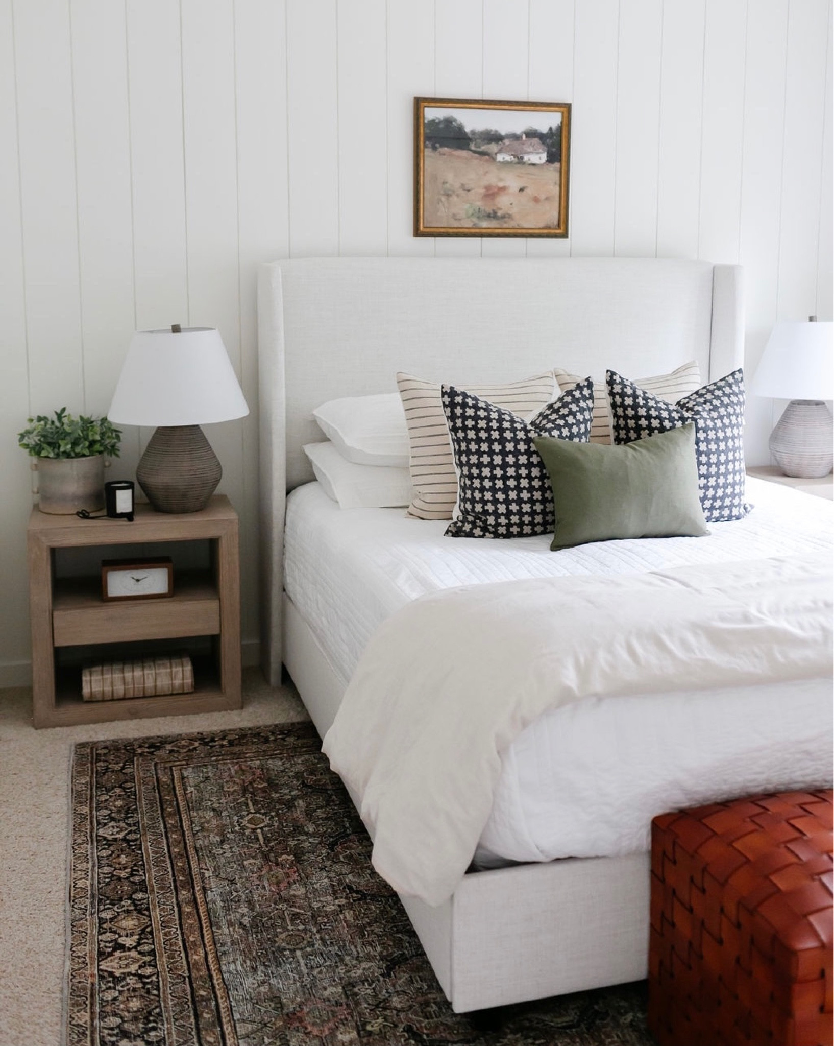 Fall decor, Loloi area rug, McGee & Co leather ottomans, Lulu & Georgia upholstered bed, Target bedding, artwork, bedroom decor, bedroom furniture, home decor, Target, throw pillows, drapery, Serena and Lily. 

#LTKsalealert #LTKhome #LTKSeasonal